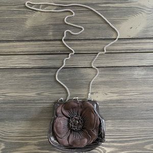 Brighton Mini Purse / Wristlet Brown Floral Design Silver Hardware Clasp